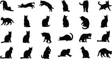 Collection of diverse cat poses captured in black silhouette