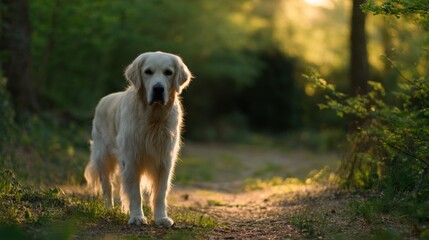 A golden retriever stands on a dirt path in a sunlit forest,