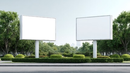 Two Blank Billboard Mockups on City Street Surrounded by Greenery, Ideal for Advertising and Marketing Campaigns