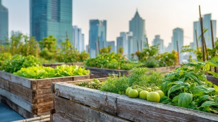 Fototapeta premium Rooftop Garden with Lush Vegetables and Herbs Thriving in an Urban Environment against a Cityscape Backdrop