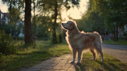 A golden retriever stands on a paved path in a serene park during sunset,