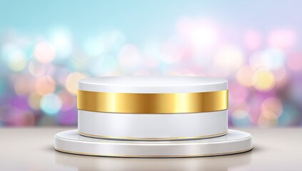 White pedestal with gold ribbon for product display.