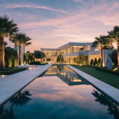 Fototapeta premium massive modern luxury villa with geometric architecture, full-height glass walls, expansive manicured lawn, infinity pool reflecting the sky, minimalist landscaping with trimmed hedges, elegant palm t