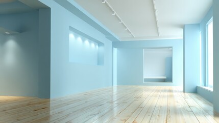Obraz premium Modern Empty Interior Design with Light Blue Walls and Wooden Floor for Showroom or Gallery