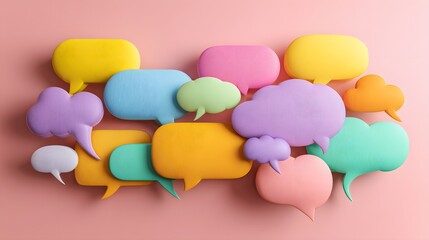Colorful speech bubbles arranged on a pastel background.