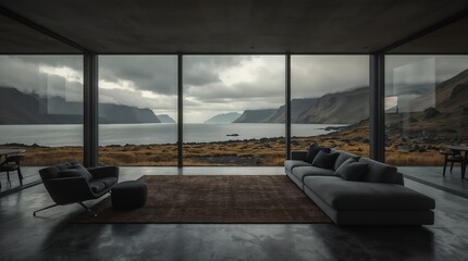 Fototapeta premium Modern Minimalist Living Room with Dramatic Fjord Mountain View Through Glass Walls