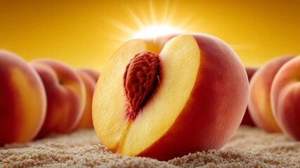 Juicy peach cut in half lies on a crumbly sugar surface. Summer, sunny background. Fresh fruits. - Powered by Adobe