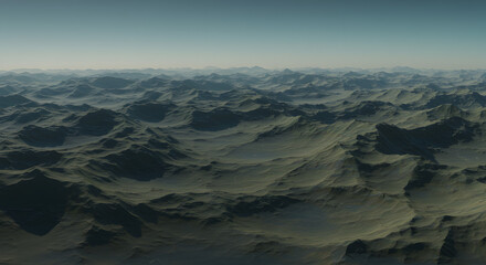 Fototapeta premium Serene expanse of rugged terrain under a hazy sky, evoking a sense of mystery and untouched