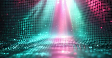 Obraz premium Abstract background features vibrant lights, grid pattern, futuristic design. Teal, pink hues dominate scene, creating dynamic effect.
