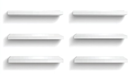 Empty white shelves against a white background.