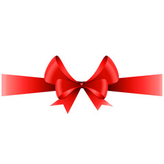 Red ribbon bow on transparent background, Satin red gift bow, 3D red bow with ribbon, Gift-wrapping bow, Red bow decoration. Vector illustration. 