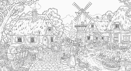 Enchanting Village Coloring Page Detailed Line Art of a Quaint European Town