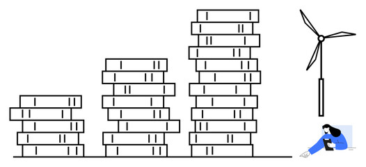 Stacked bar chart represents growth trends. Includes wind turbine for sustainable energy focus and woman engaging with technology. Ideal for energy, finance, technology, education, innovation