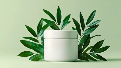 A round white jar with green leaves on a light green background. 3d rendering mockup for beauty spa, skincare, cosmetic product