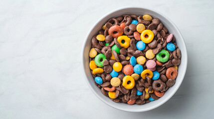 "Bowl of colorful chocolate and fruit-flavored cereal, top view"
