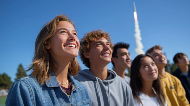 Excited high school students launch model rocket during STEM project