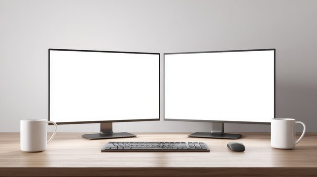 Dual Monitor Setup Mockup on Wooden Desk with Keyboard and Mouse for Business