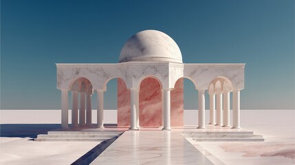 modern white marble pavilion with dome and classical columns in minimal desert architecture design