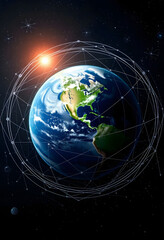 Global communication network encircling Earth in space, connecting the world through a cosmic grid, masterpiece, with white tones