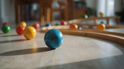 Playful Spheres on Wooden Track: A Scene of Childhood Imagination and Fun