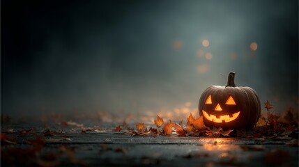 glowing halloween jack o lantern pumpkin on autumn street with fallen leaves night scene