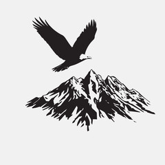 Black silhouette vector of a majestic eagle in mid-flight, its wings outstretched and feathers detailed, soaring above rugged mountain peaks with snow-capped tips, t shirt design