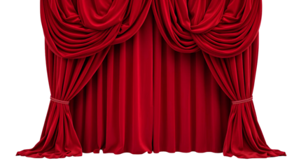 Crimson Velvet Theater Curtains – Dramatic Draped Pair Revealing Empty Stage PNG