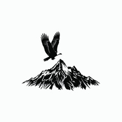 Black silhouette vector of a majestic eagle in mid-flight, its wings outstretched and feathers detailed, soaring above rugged mountain peaks with snow-capped tips, t shirt design