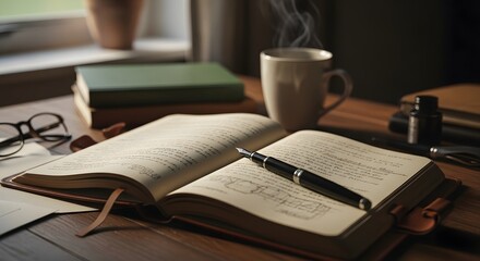 Open Journal and Fountain Pen on Wooden Desk