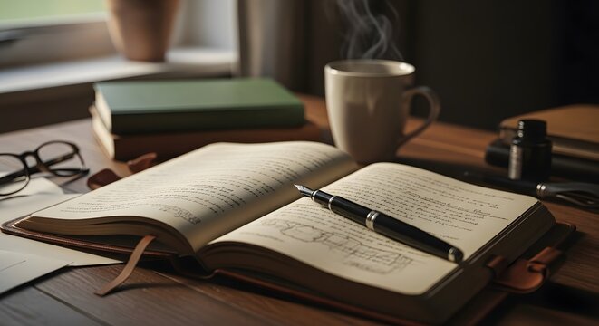 Open Journal and Fountain Pen on Wooden Desk