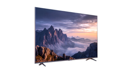 Modern Smart TV displaying scenic mountain landscape at sunset