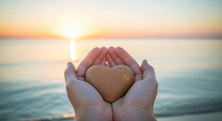 Hands Holding Heart-Shaped Stone at Sunset: Love, Hope, and Healing by the Ocean