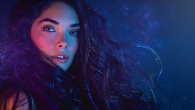 Woman with flowing nebula hair in pink and blue light female portrait