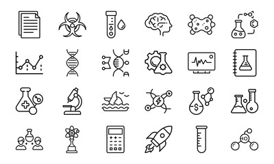 24 Science and Laboratory Line Icons DNA, Chemistry, Biology, Physics, Research, Experiment, and Medical Vector Icon Set for Scientists, Teachers, and STEM Projects