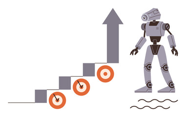 Robot standing beside a staircase arrow, with targets marking progress steps. Ideal for growth, AI innovation, automation, strategic planning, technological achievement, futuristic progress, simple