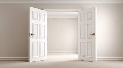Fototapeta premium Open Doors to Opportunity: Inviting Entrance in a Bright, Neutral Room Interior, Symbolizing New Beginnings