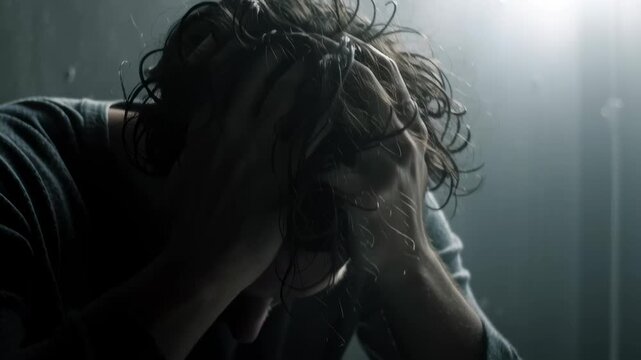 Depressed Man Sitting Alone with Hands on Head, Conveying Feelings of Sadness and Worry in Dark, Emotional Setting