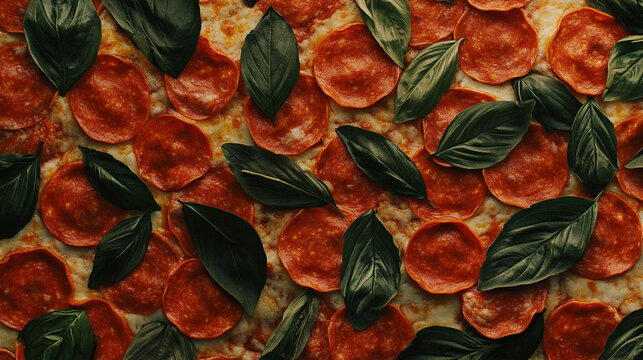 A vibrant close-up of seamless autumn foliage, showing a floral pattern of red, orange, and yellow leaves"Delicious pepperoni pizza with fresh basil, top view"

