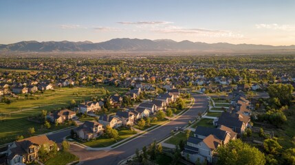 Fototapeta premium Aerial View of a Suburban Neighborhood with Houses, Streets, and Distant Mountains during Golden Hour