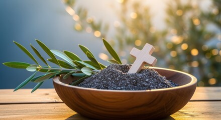 Lent Season Observance: Ash Wednesday Symbolism with Wooden Cross and Olive Branch in a Bowl