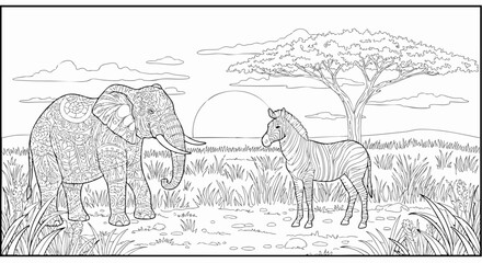 Naklejka premium Intricate Elephant and Zebra African Savanna Coloring Page