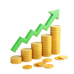3d icon of green upward arrow graph with stacks of gold coins isolated on transparent background, representing financial growth, investment success, and business profit