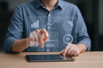 Naklejka premium Data Analysis on Transparent Screen: Man Interacting with Business Analytics Using Tablet for Strategy and Insights