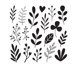 Collection of hand-drawn black leaf and floral elements, perfect for decor