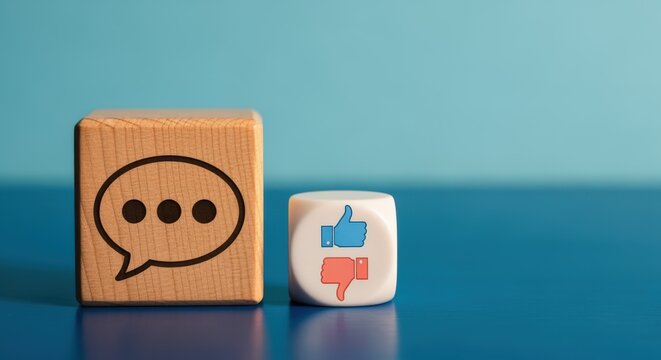 Social Media Engagement Concept: Wooden Blocks Displaying Speech Bubble, Thumbs Up and Thumbs Down Icons