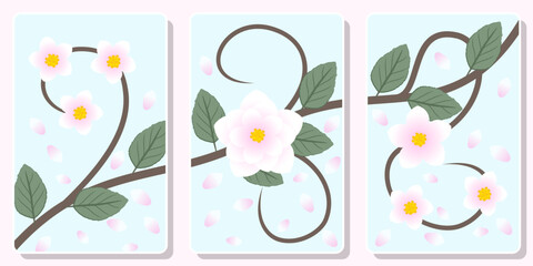 Frames with delicate pink flowers on a branch for wall framed prints, canvas prints, poster
