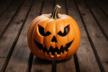 Scary halloween pumpkin on wooden planks