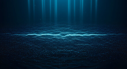 Abstract Blue Digital Particle Wave and Light Rays: A Futuristic Landscape for Technology and Innovation Backgrounds