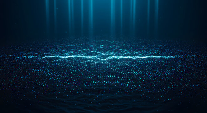 Abstract Blue Digital Particle Wave and Light Rays: A Futuristic Landscape for Technology and Innovation Backgrounds