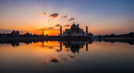 Golden Sunburst Over a Majestic Mughal Palace with a Perfect Mirror Reflection